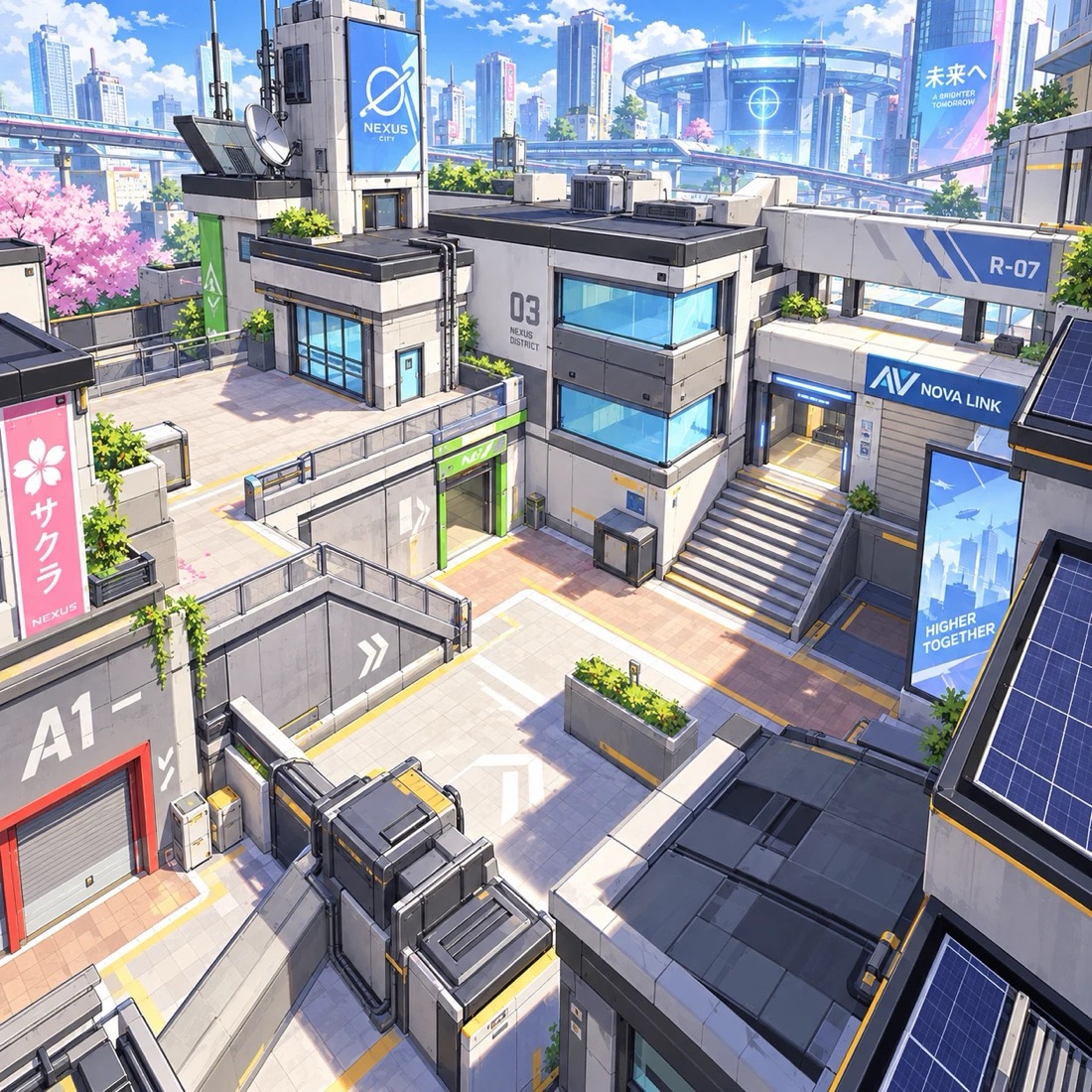 Quartier de toits et de passerelles